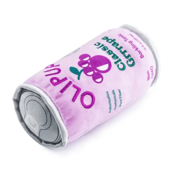 Lying down and slanted angle of Purple plush soda can dog toy with green Classic Grrrape design and Support Doggie Fun