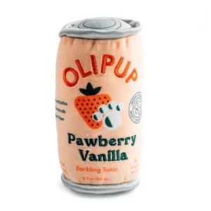 Pink plush soda can dog toy with strawberry image and Pawberry Vanilla label