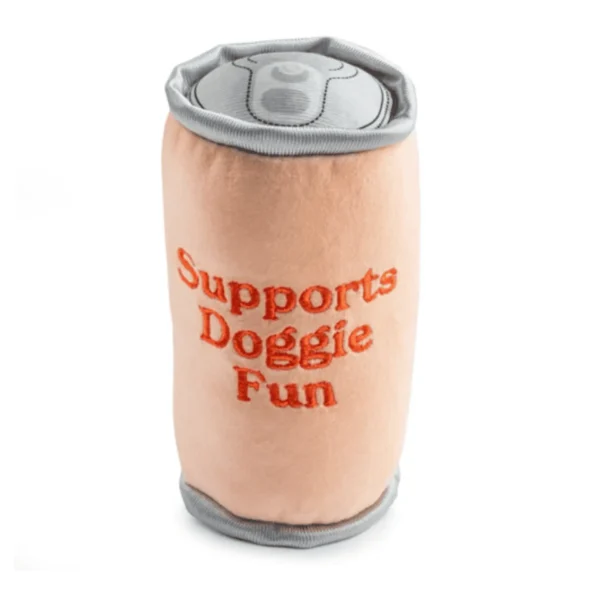 Olipup – Pawberry Vanilla Dog Toy – back view of plush soda can with dark orange words ‘Support Doggie Fun'
