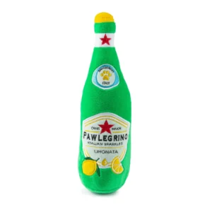 Green plush soda bottle dog toy with yellow cap, lemons, and Pawlegrino label
