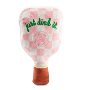 Pink Checker Pickleball Paddle Dog Toy – plush pink pickleball paddle 'Just Drink It' squeaky toy for dogs