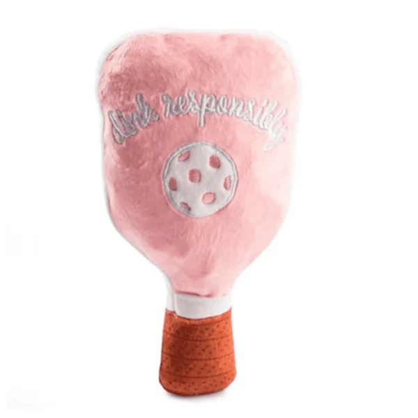 Pink Pickleball Paddle Dog Toy – back view showing white embroidered ‘Drink Responsibly’ and white pickleball on plush paddle
