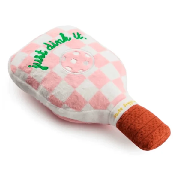 Pink Checker Pickleball Paddle Dog Toy – front view showing green embroidered ‘Just Drink It’ on plush paddle