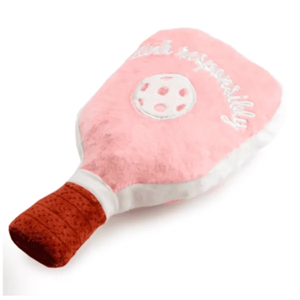 Pink Pickleball Paddle Dog Toy – slanted back view showing white embroidered ‘Drink Responsibly’ and white pickleball on plush paddle