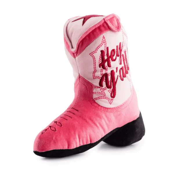 Pink Cowgirl Boot Dog Toy – slanted view of plush cowgirl boot squeaky toy