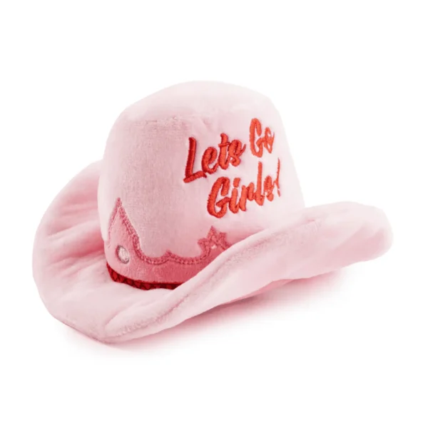 Pink Cowgirl Hat Dog Toy – plush pink cowboy hat with Let's Go Girls! detail and soft brim