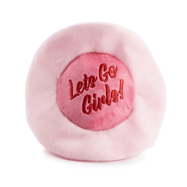 Pink Cowgirl Hat Dog Toy – bottom view of plush pink cowboy hat with Let's Go Girls! detail