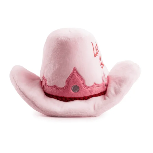 Pink Cowgirl Hat Dog Toy – front view of plush pink cowboy hat with pink embroidery detail