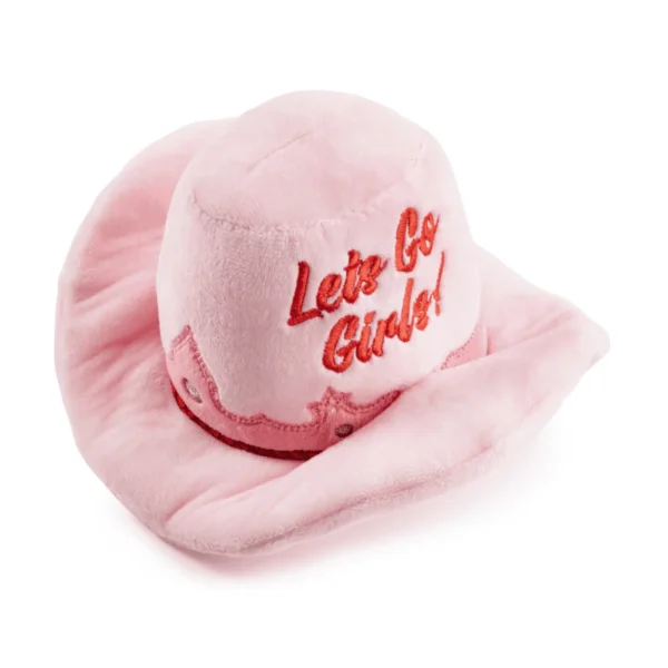 Pink Cowgirl Hat Dog Toy – slanted view of plush pink cowboy hat with Let's Go Girls! detail