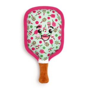 Pink pickleball plush dog toy with squeaker, perfect for fetch and interactive playtime.
