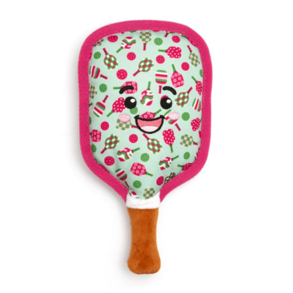 Pink pickleball plush dog toy with squeaker, perfect for fetch and interactive playtime.