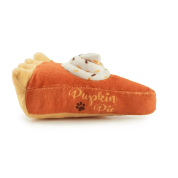 Pupkin Pie Slice Dog Toy – side view of plush pumpkin pie slice squeaky toy