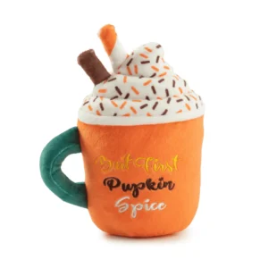 Plush mug dog toy with autumn design and whipped cream top