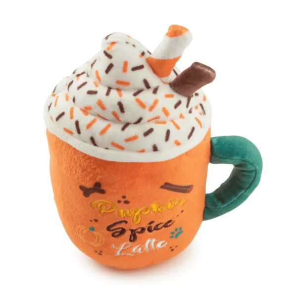 Back view of plush mug dog toy with autumn design and whipped cream top
