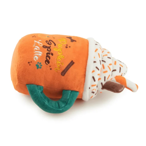 Plush mug dog toy with autumn design and whipped cream top lying flat with squeaker