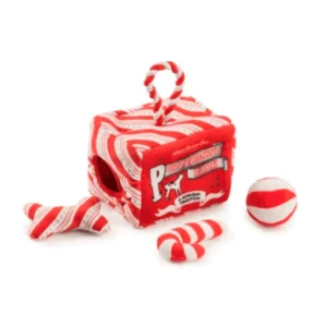 Puppermint Bark Activity House Dog Toy – plush house with three mini squeaky toys: peppermint ball, peppermint bone, and candy cane