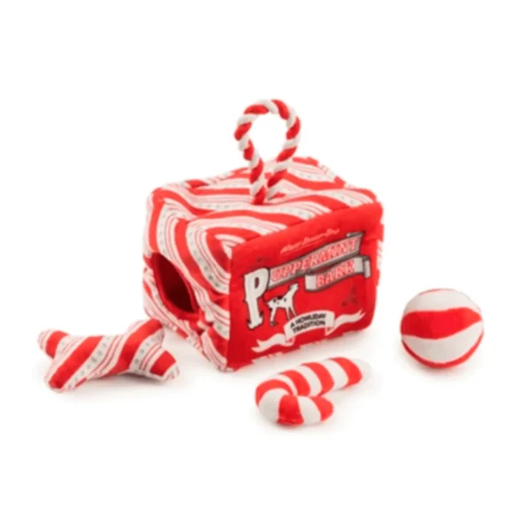 Puppermint Bark Activity House Dog Toy – plush house with three mini squeaky toys: peppermint ball, peppermint bone, and candy cane