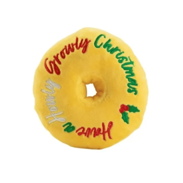 Puppermint Donut Dog Toy – bottom view of plush peppermint donut squeaky toy