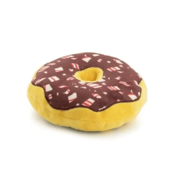 Puppermint Donut Dog Toy – side view of plush peppermint donut squeaky toy