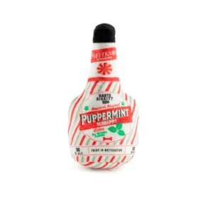 Plush white schnapps bottle dog toy with label details and soft squeaky design