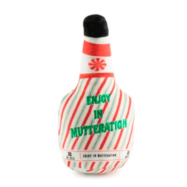 Puppermint Schnapps Bottle Dog Toy – back view of plush schnapps bottle squeaky toy
