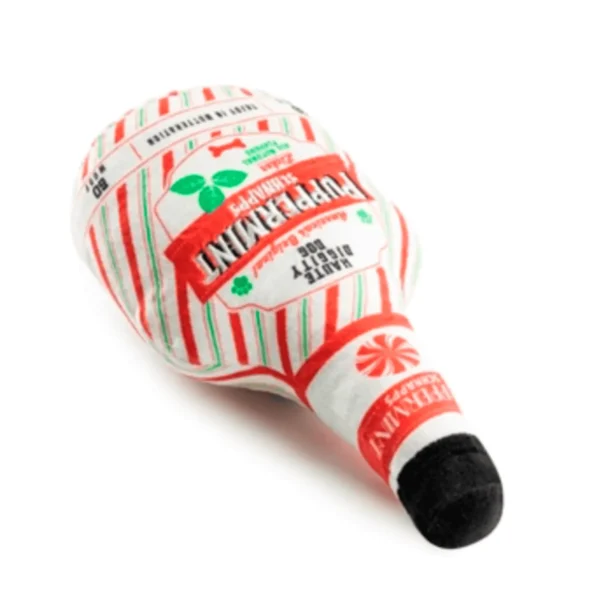 Puppermint Schnapps Bottle Dog Toy – plush schnapps bottle toy lying flat with squeaker