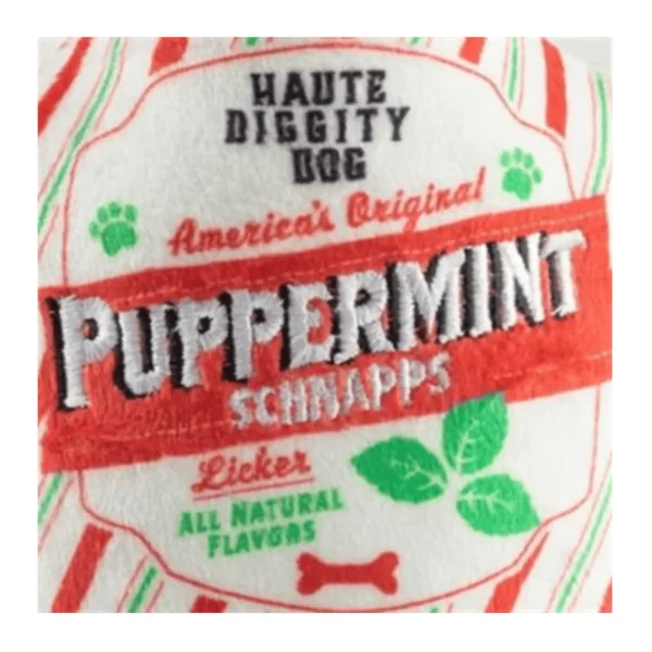 Puppermint Schnapps Bottle Dog Toy – close-up of label on plush schnapps bottle toy