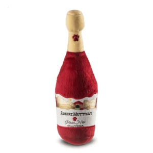 Burgundy plush wine bottle dog toy with gold cap and white Robert MUTTdavi Pinot Noir label