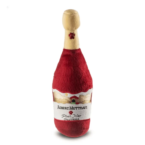 Burgundy plush wine bottle dog toy with gold cap and white Robert MUTTdavi Pinot Noir label