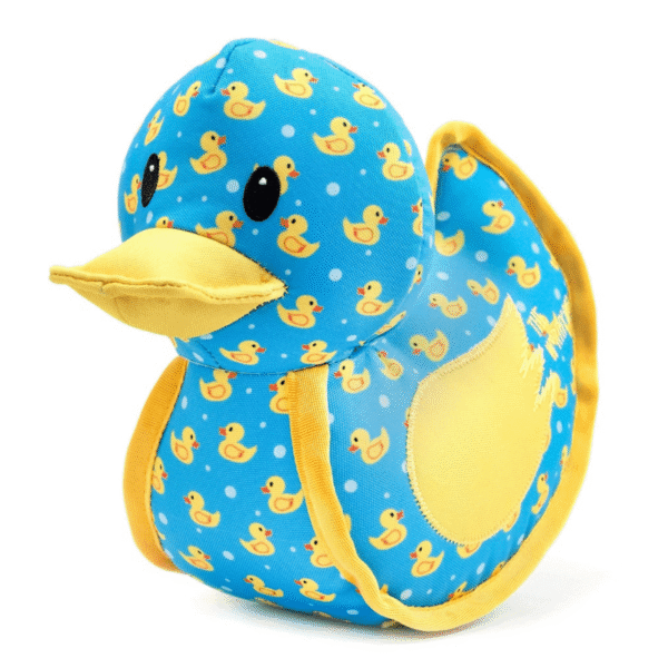 A cute plush duck dog toy featuring a blue body with yellow duckling patterns and a yellow beak and accents. Adorable and colorful design.