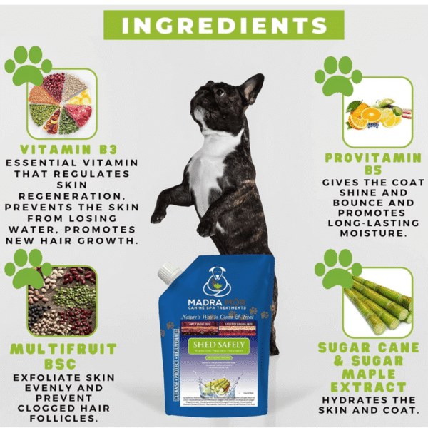Shed Safely Mud Dog Treatment – with a Boston Terrier and ingredients