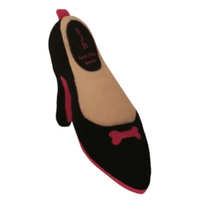 Plush black stiletto dog toy with soft squeaky design.