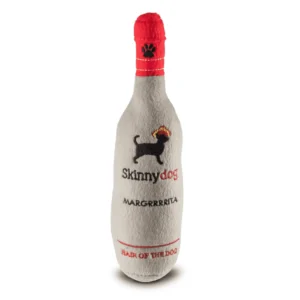 Skinnydog Margrrrita Dog Toy – plush gray bottle with red lid, black paw print, and embroidered words Skinnydog Margrrrita