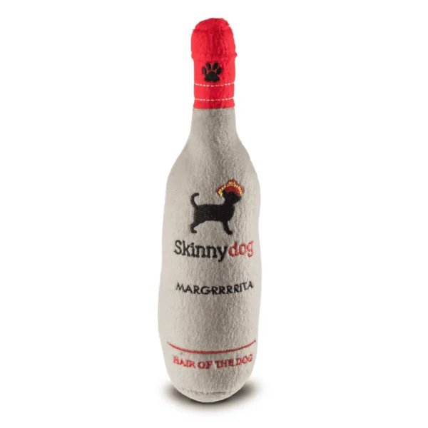 Skinnydog Margrrrita Dog Toy – plush gray bottle with red lid, black paw print, and embroidered words Skinnydog Margrrrita