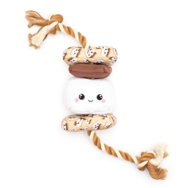 Plush s’mores dog toy with multiple squeakers, perfect for tugging, tossing, and keeping dogs engaged.