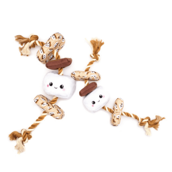 Two plush s’mores dog toys with multiple squeakers, perfect for tugging, tossing, and keeping dogs engaged.