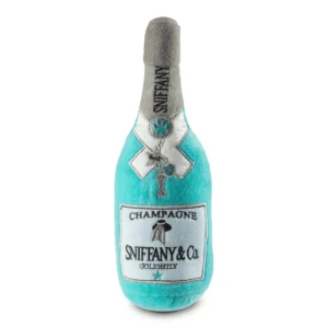 Tiffany blue plush champagne bottle dog toy with silver cap, white ribbon, and SNIFFANY & Co. label