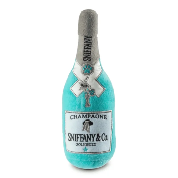 Tiffany blue plush champagne bottle dog toy with silver cap, white ribbon, and SNIFFANY & Co. label