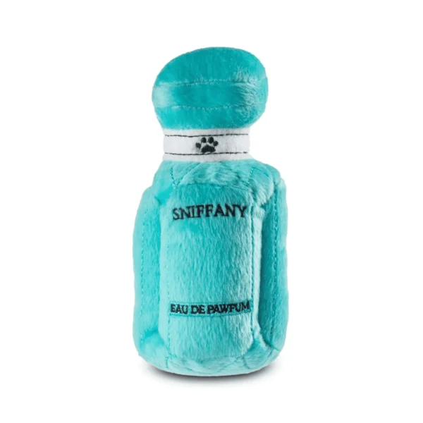 Plush turquoise perfume bottle dog toy with embroidered Sniffany text.