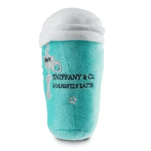 Turquoise plush coffee cup dog toy with white lid, silver charms, and Sniffany text