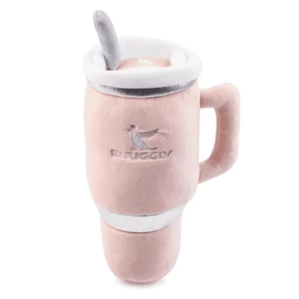 Blush plush cup dog toy with back embroidery that says Paws And Refresh