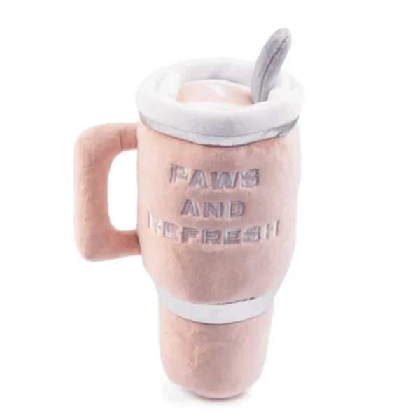 back view Blush plush cup dog toy with back embroidery that says Paws And Refresh