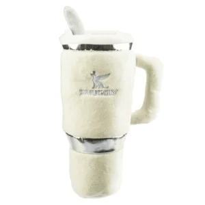 Ivory plush cup dog toy with embroidered Paws And Refresh detail