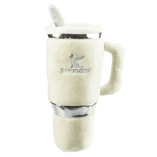 Ivory plush cup dog toy with embroidered Paws And Refresh detail