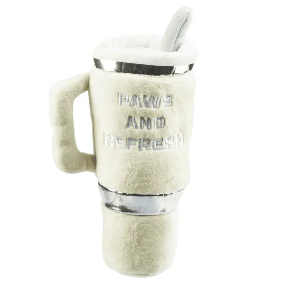 Back view of Ivory plush cup dog toy with embroidered Paws And Refresh detail