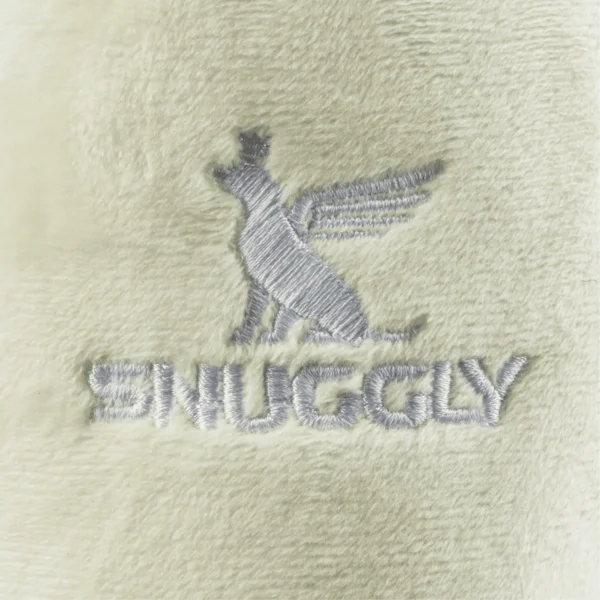 Snuggly Cup – Ivory Dog Toy – close-up of embroidered ‘Snuggly’ label on plush ivory cup