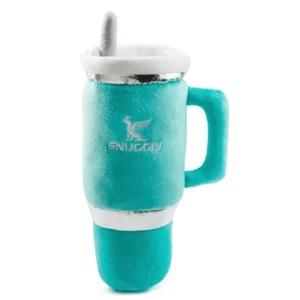 Teal plush cup dog toy with white embroidered “Snuggly” text