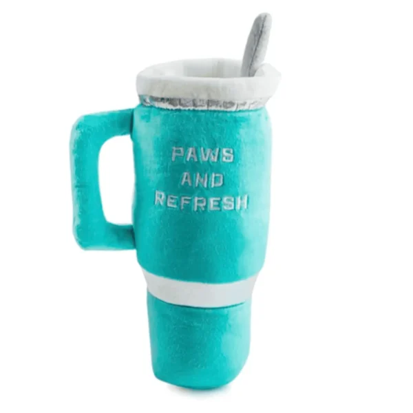 Back view of Teal plush cup dog toy with white embroidered “Snuggly” text