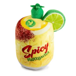 Yellow plush margarita cup dog toy with salt rim and lime wedge accent