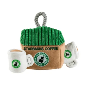 Starbarks Coffee House Interactive Dog Toy – plush hide-and-seek coffee house with two mini squeaky and crackly coffee cup toys for dogs